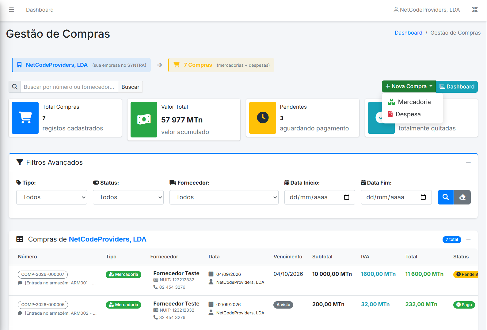 Gestao de compras no SYNTRA ERP