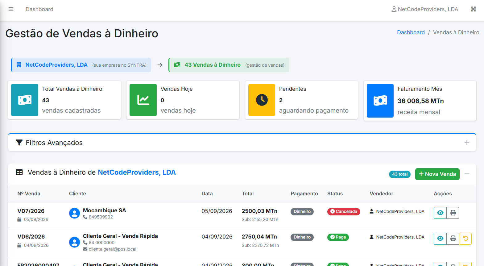 Gestao de vendas no SYNTRA ERP